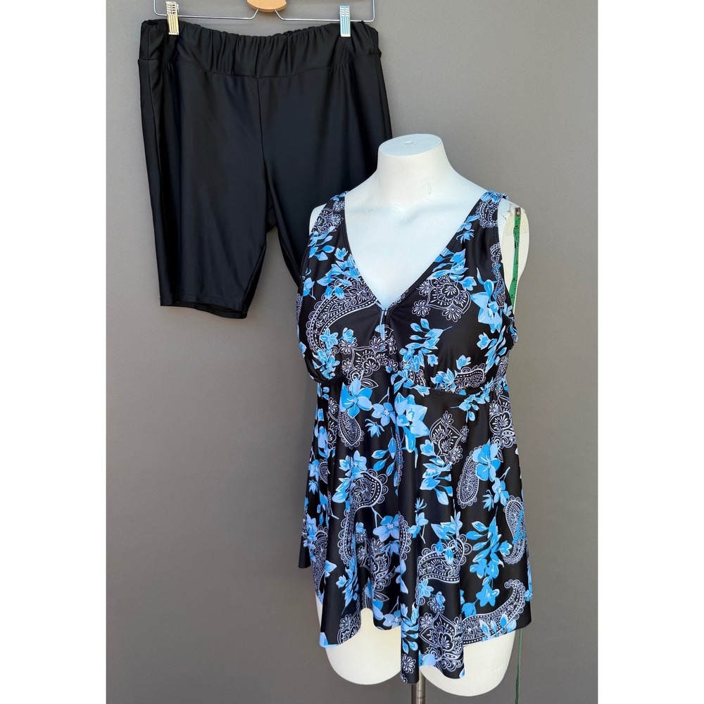 Floral Paisley Tankini Swimsuit Set 18W Black Blue Modest Swim Dress Bike Shorts - Picture 1 of 13